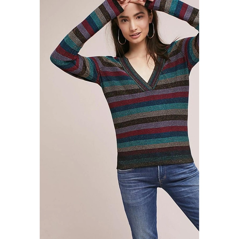 Moth Anthropologie Metallic Striped V-Neck Sweater Multicolor‎ Shimmer Small